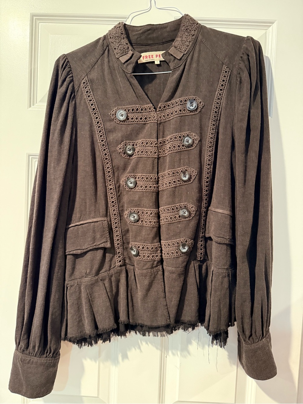 Free People Black Military-Style Lace Trim Jacket